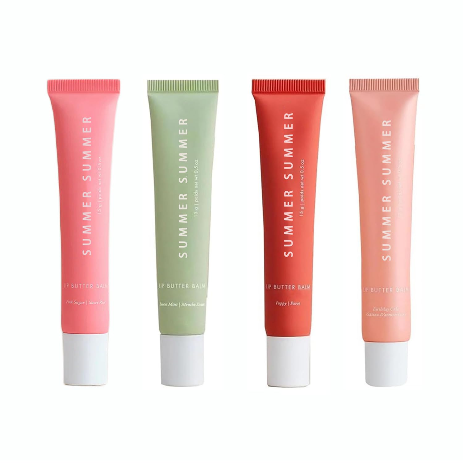 4 Pack Summer Lip Balm for Daily Hydration Pink Sugar, Birthday Cake, Poppy, Sweet Mint 0.5oz