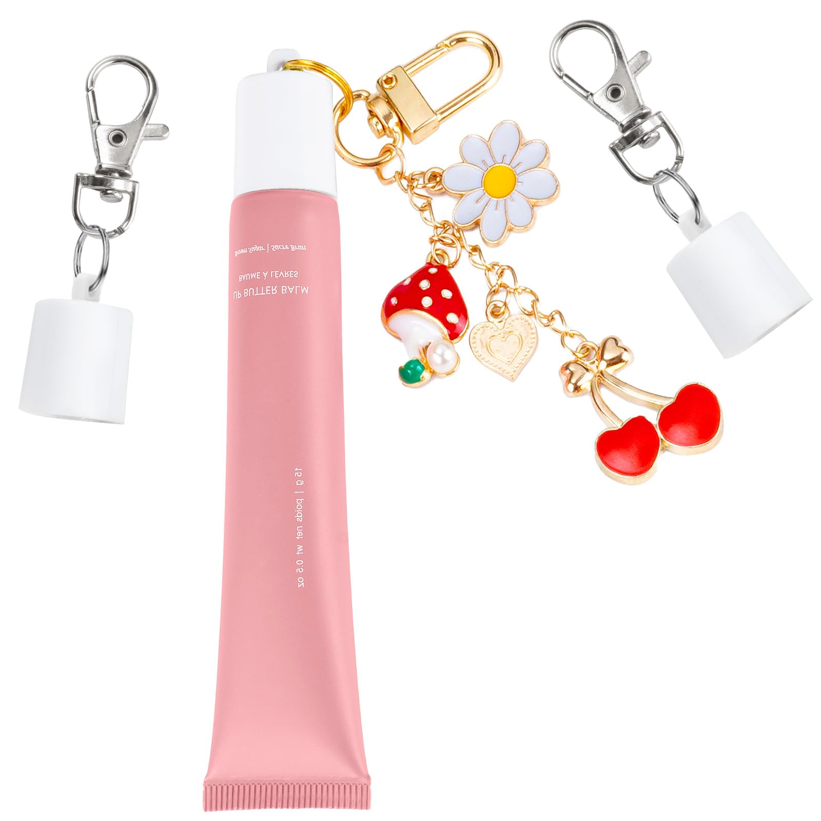 Summer Fridays Lip Balm 3 Pack Compatible Keychain Cap Cherry & Strawberries CharmPortable Holder