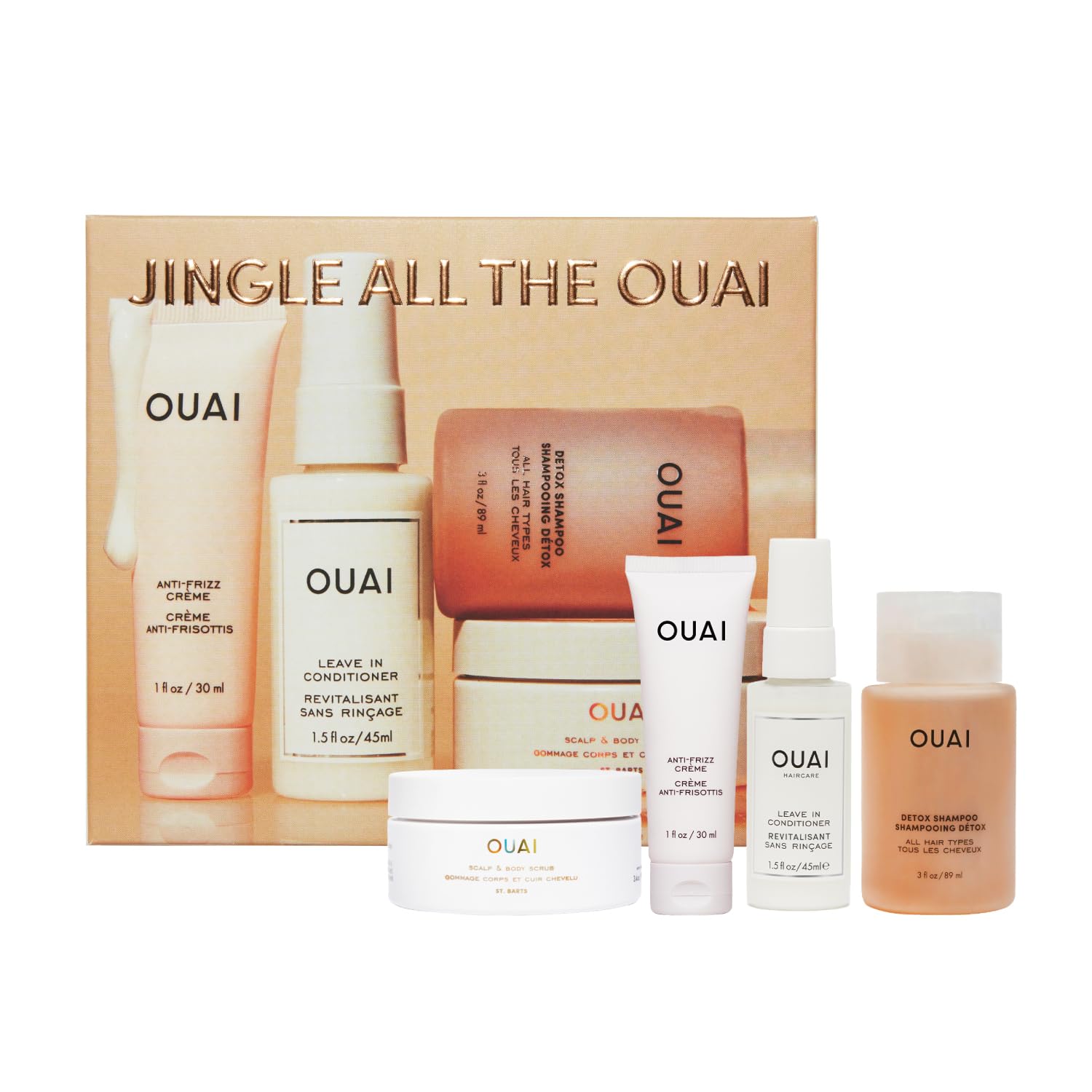 OUAI Travel Size Hair & Body Care Set - Anti Frizz Cream, Detox Shampoo, Conditioner, Scalp Scrub for Dry Hair & Skin (4