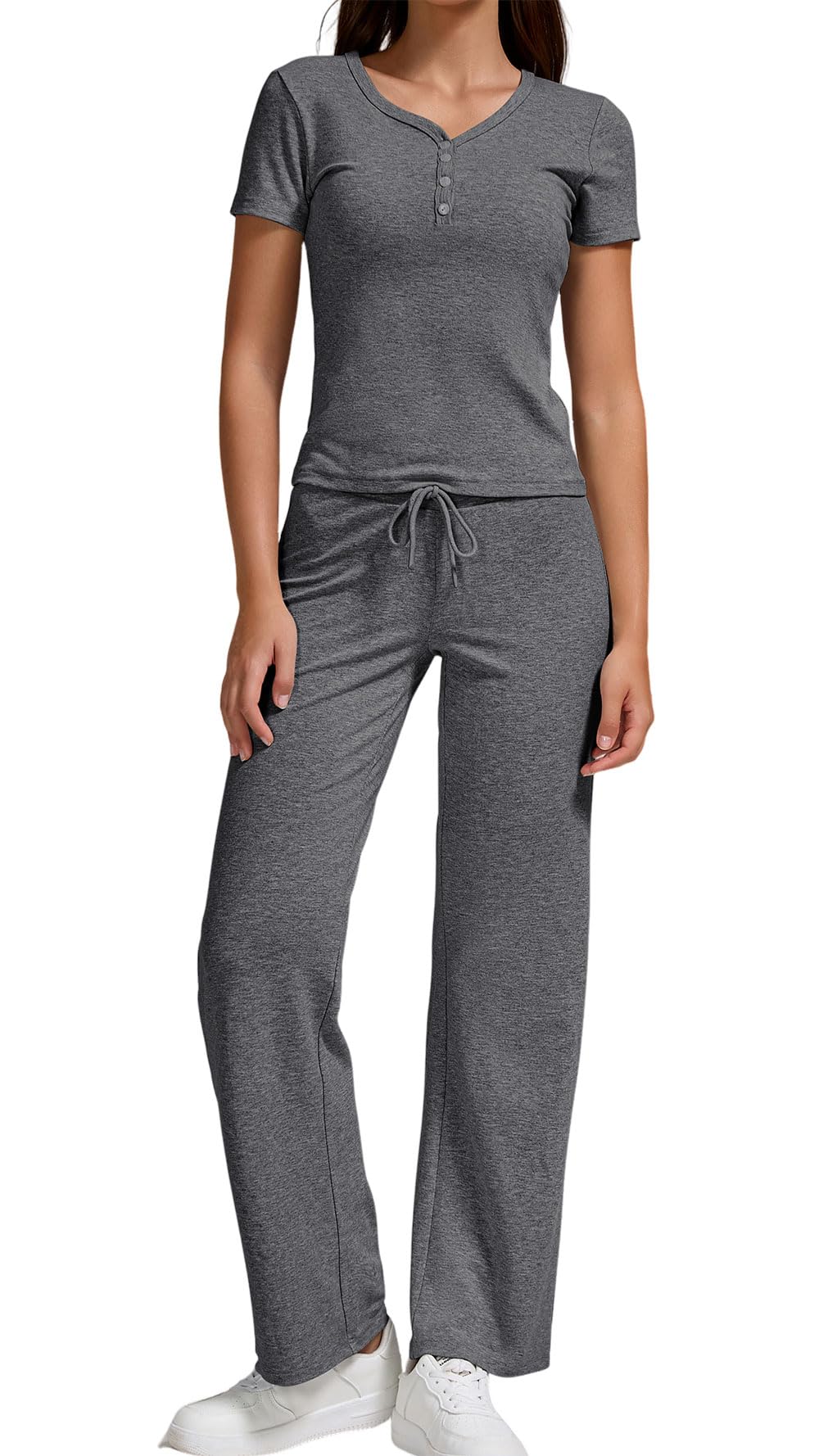 Women's Slim Short Sleeve Tops Button 2 Piece Set Elastic Waist Straight Leg Pants Spring Sweatsuit