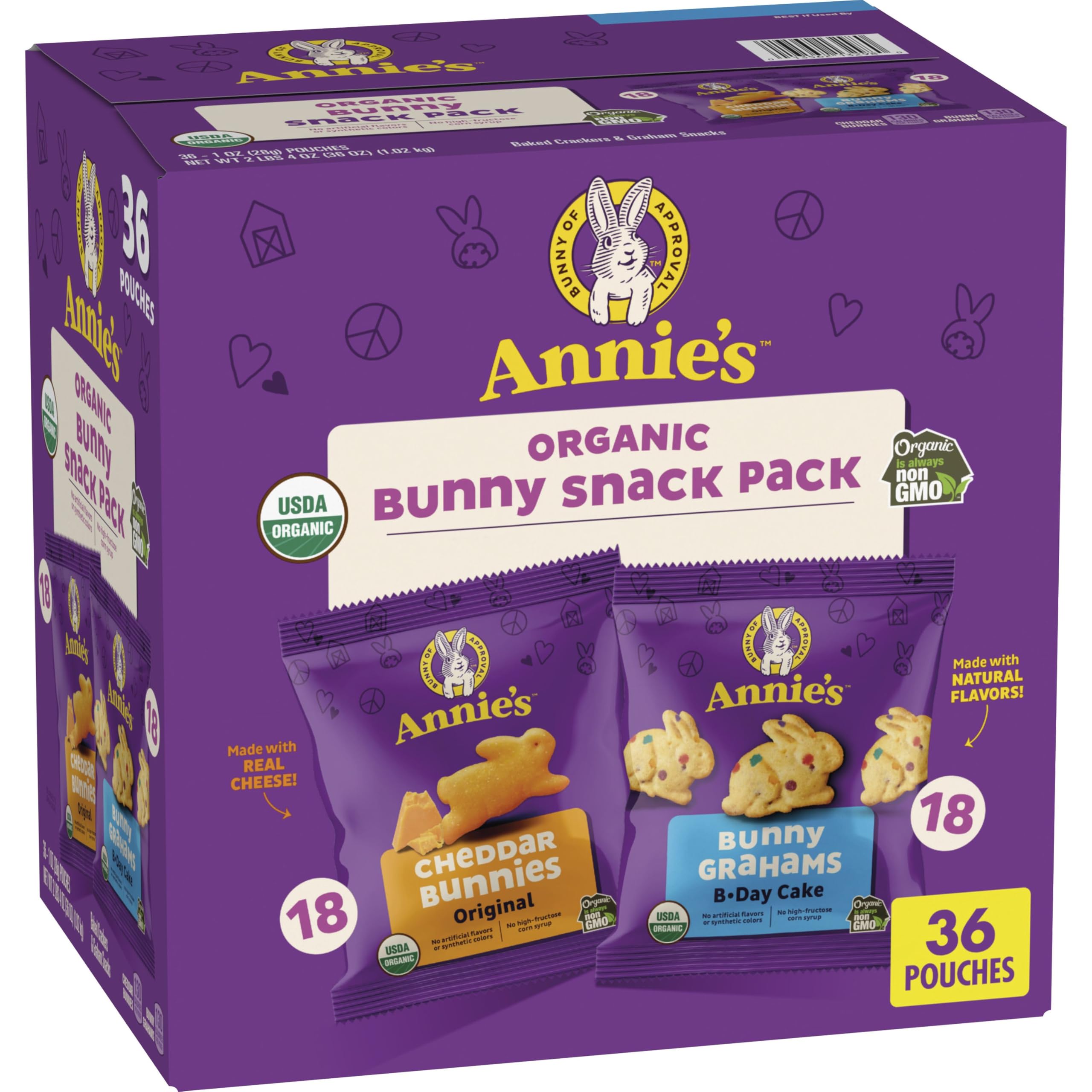 Annie's Organic Birthday Cake Bunny Grahams Snack Pack for Kids USDA Organic 36 Count 36 oz Fun Party Favors